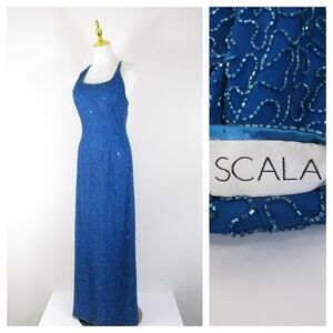 SOLD Vintage SCALA Womens Blue Beaded Sequin Silk Formal Dress Gown Size M